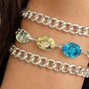 Women Silver Bangle Bracelet Set of 3 Multi Color  Crystals - Fashion Jewelry